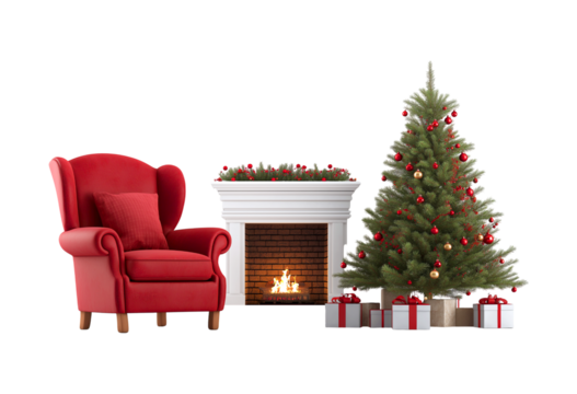 Cozy Christmas Interior Scene Isolated with Fireplace, Armchair, and Flocked Tree on a transparent background