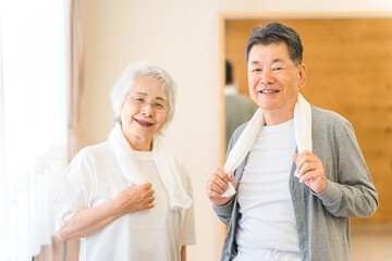 Senior men and women exercising and training at nursing homes, day care centers, and sports gyms
