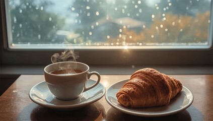 Cozy Morning Coffee and Croissant by Window