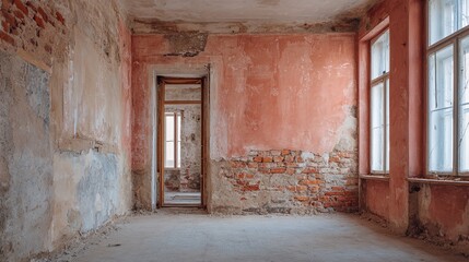 Abandoned interior with peeling pink plaster and exposed brick walls, showcasing a sense of desolation and potential for renovation or restoration in a classic structure.