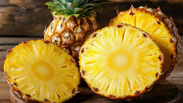 Sliced tropical fruit with spiky skin, yellow interior on dark surface.