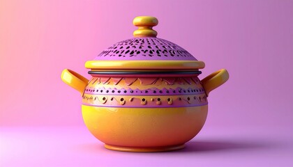 Vibrant Ceramic Pot with Lid on Pink Background.