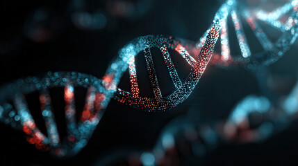 Abstract digital dna helix with glowing blue and red lights