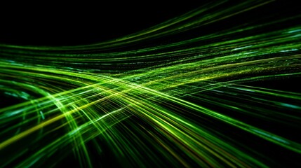 Dynamic green light trails weave elegantly against a black background, creating a mesmerizing abstract pattern that captures the essence of energy and motion in modern design.