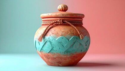 Handcrafted Clay Pot with Intricate Design and Lid on a Gradient Background.