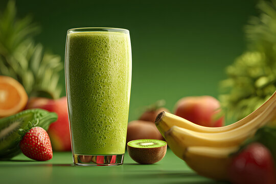 Fresh green smoothie with kiwi, bananas, and assorted fruits on vibrant green background