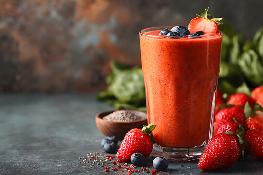 Fresh fruit smoothie with strawberries and blueberries served in clear glass with mint leaves
