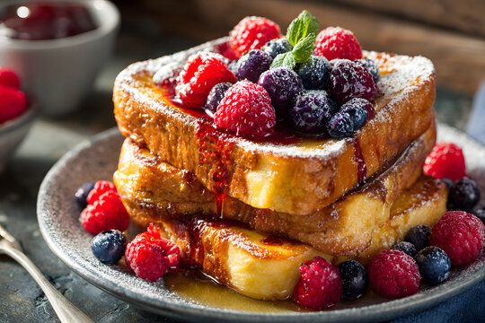Delicious French toast topped with fresh berries and syrup served on a rustic table - Powered by Adobe