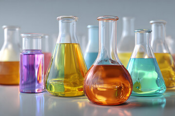 Colorful glass beakers filled with various liquids in a lab setting during daylight