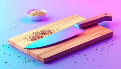Chefs Knife on Cutting Board with Seeds in Neon Lighting.