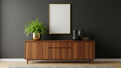 Modern living room interior with a blank vertical poster frame mockup on a dark wall above a wooden sideboard
