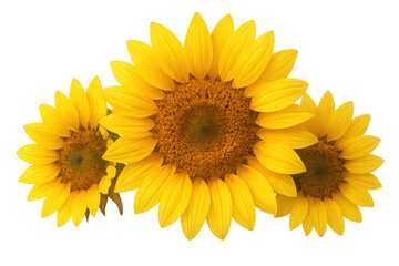 Fototapeta premium Three vibrant yellow sunflowers in full bloom, symbolizing nature, summer, growth, and happiness, on a transparent background