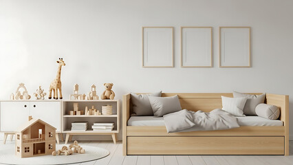 Bright and inviting modern children's room interior with a cozy daybed, minimalist Scandinavian design, and beautifully arranged wooden toys, creating a serene and playful nursery space
