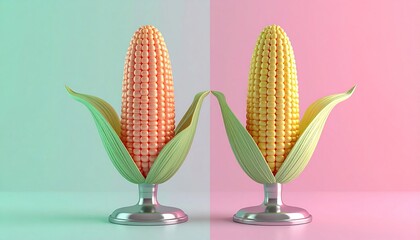 Two Vibrant Corn Cobs in Artistic Presentation with Green Leaves.