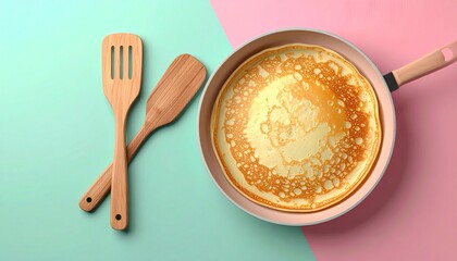 Delicious pancake cooking in a pan with wooden utensils on colorful background.