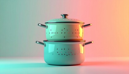 Two teal colanders stacked on a white surface with a gradient background.