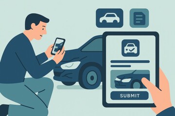 Young man capturing vehicle details on smartphone while kneeling beside car and submitting information through an app, highlighting modern automotive technology and digital interaction