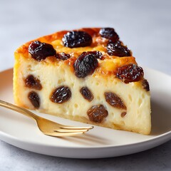 Delicious cheese cake slice with raisins.