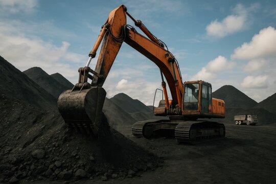 Excavator digging into coal piles with dump truck at mining site