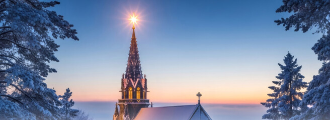 Church steeple with a shining star at dawn, surrounded by snowy trees. Epiphany and Christmas holiday greeting card concept. Banner with copy space