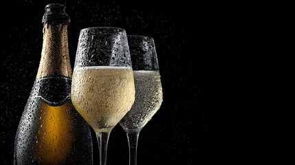 Sparkling champagne bottle with two filled glasses, glistening with condensation, set against a dark background, creating an elegant celebration atmosphere for special occasions