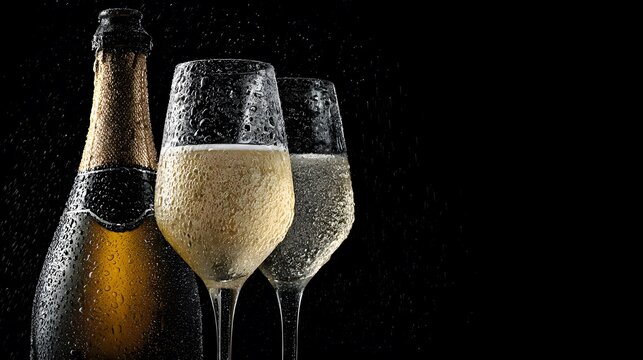 Sparkling champagne bottle with two filled glasses, glistening with condensation, set against a dark background, creating an elegant celebration atmosphere for special occasions