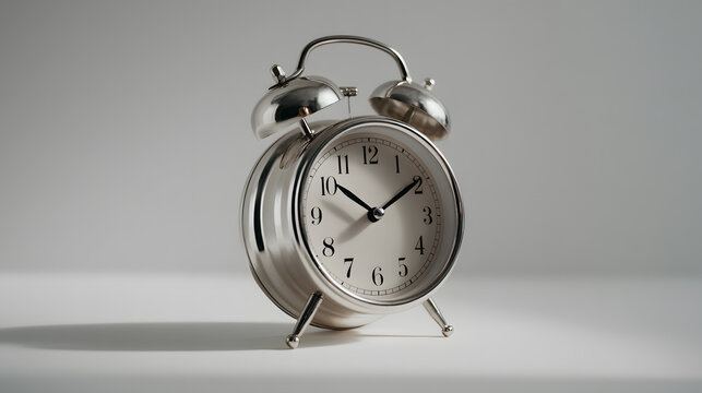Vintage silver alarm clock with dual bells and classic face design, positioned on a minimalist surface, showcasing timeless elegance and functionality in home decor