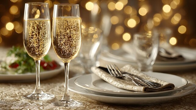 Elegant table setting with two champagne flutes filled with sparkling beverage, surrounded by festive decorations, creating a warm and inviting atmosphere for celebration - Powered by Adobe