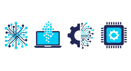 Digital technology icons featuring a circuit board, laptop, gear, and computer chip