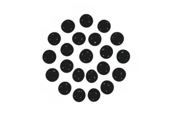 Black liquid drops forming a circular pattern, transparent background presenting abstract texture and graphic design