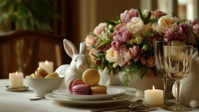 A beautifully set table with flowers, candles and Easter decorations.