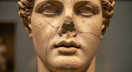 Close-up of a damaged ancient marble sculpture's face.