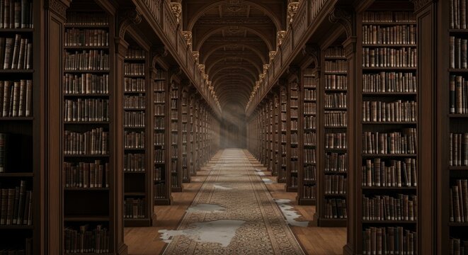 Vast old library corridor with rows of books and sunbeams.