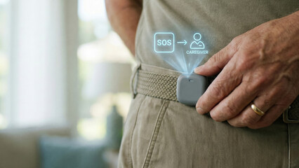 Emergency alert device on belt with SOS caregiver notification for safety and transfer of help in silver tone supporting economy