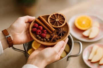 Hand holding spices and fruit for mulled wine recipe, making holiday drinks