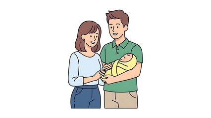 A happy young couple holding their newborn baby, celebrating new parenthood.