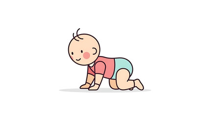 A cartoon illustration of a cute baby crawling on all fours, wearing a pink shirt and blue diaper, on a white background.