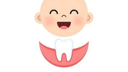 Happy baby face with a single white tooth emerging from pink gums, symbolizing a baby's first tooth or teething.
