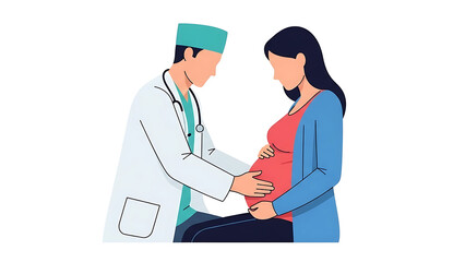 A male doctor in a lab coat and scrubs examining the belly of a pregnant woman during a prenatal check-up.