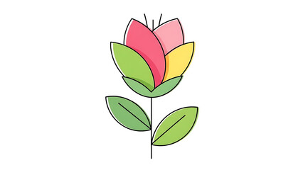 A simple, colorful, stylized illustration of a flower with pink, yellow, and green petals and leaves on a white background.