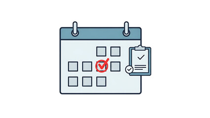A calendar with a marked date and a clipboard with a completed task, representing scheduling, planning, or event management.