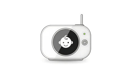 A white baby monitor with an antenna and a screen showing a baby icon, designed for infant surveillance.