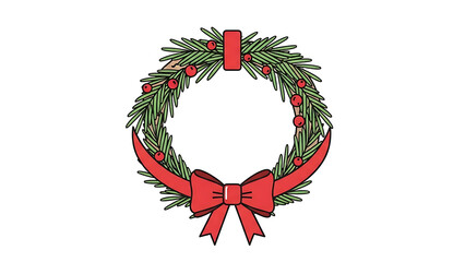 A festive Christmas wreath made of green pine branches with red berries and a large red bow.