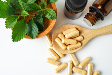 Medicine herbal organic capsule vitamin E omega 3 fish oil drug herbs leaf natural supplements