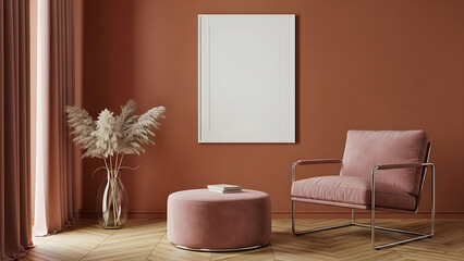 A cozy living room featuring a plush pink armchair, ottoman, and dried Pampas grass in a vase against a terracotta wall