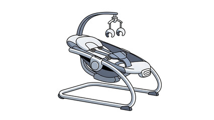 A modern grey and white baby bouncer with a mobile hanging over the seat, designed for infant comfort and entertainment.