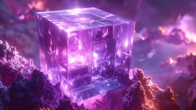 Mystical Purple Cube Floating in a Dreamlike Landscape.