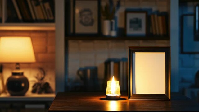 Lamps on side tables with square lamp shades, wooden table with rectangular box frame.