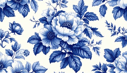 クラシックな青い花柄パターン（トワル・ド・ジュイ風） / Classic Blue Floral Pattern (Toile de Jouy Style)	