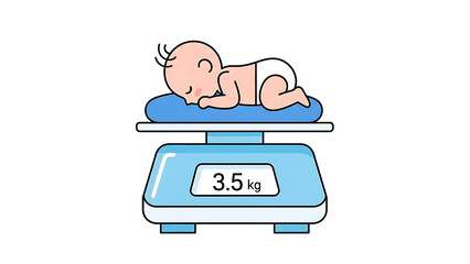 A cute cartoon baby sleeping peacefully on a blue weighing scale showing 3.5 kg, illustrating newborn weight measurement.